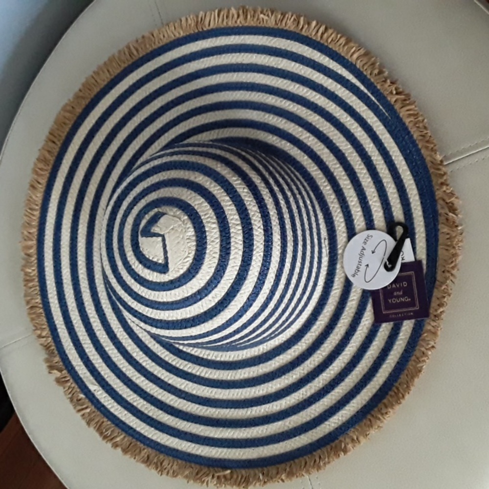 NWT DAVID and YOUNG Floppy Wide Brim w/fringe Hat, Blue/cream - Picture 11 of 11